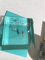 Tiffany & Co. necklace with rectangular sterling silver pendant featuring pink sapphire accents, displayed on a Tiffany blue box.