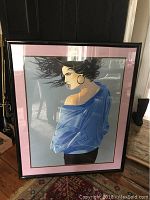 Full view of signed limited edition serigraph print titled "Tracey" by Robert Blue in damaged wood frame.
