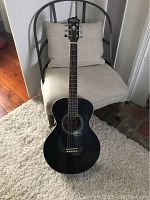 Full view of the black Washburn acoustic guitar resting against a chair on a carpet.