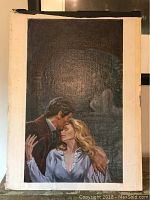 Front view of the vintage painting showing the couple and background statue with visible canvas edges.