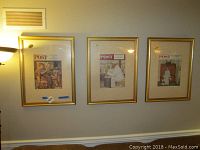 Three framed Saturday Evening Post covers by Norman Rockwell hanging on a wall with gold frames and beige mats.