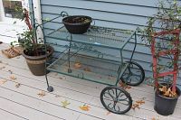 Green metal rolling plant stand on a wooden deck with potted plants around it, showing rust spots and two shelves made of metal mesh.