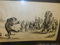 Close-up of framed black and white print showing tiger and elephant performing before a crowd.