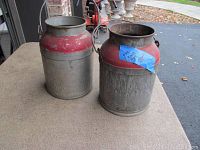 Photo showing two galvanized milk cream pails standing on a flat surface outdoors with driveway background.