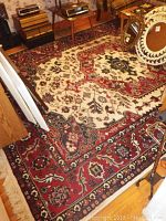 Full view of the rug showing the overall pattern, colors, and fringe edges, surrounded by furniture