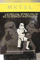Front of box for Star Wars Stormtrooper Marksman metal figurine showing branding and product name