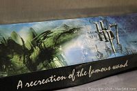 Close-up of wand box with dragon illustration and wording 'A recreation of the famous wand'