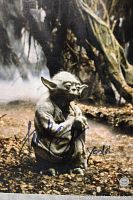 Full 8x10 color photograph of Yoda sitting on forest floor with autograph in black marker by Frank Oz including 'Yoda' inscription and visible fire damage near left ear area.