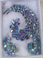 Photo showing crescent-shaped brooch and pair of matching earrings in box