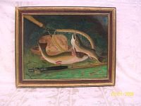 Full view of framed painting showing fish, net, hat and rod