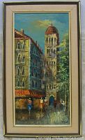 Full view of the framed oil painting depicting a Parisian street scene with buildings and pedestrians under a blue sky.