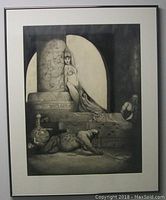 Full view of framed charcoal drawing featuring 'Egyptian Queen' with woman leaning against cracked stone pillar and chained leopard in foreground.