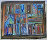 Full view of the framed abstract modernist oil painting on canvas showing geometric compositions with various colors and the artist signature in bottom left corner.
