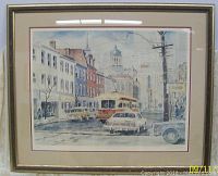 Full image of framed artwork showing street scene with streetcar and vintage cars, overall view of the piece.