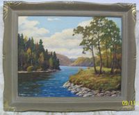 Full view of framed oil painting showing Loch Katrine landscape with trees, blue water and sky.