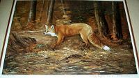 Close-up photo of the lithograph artwork showing a realistic fox in a forest, signed R. Schul and numbered 2192/2195.