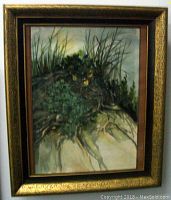 Frontal view of the framed watercolour painting showing exposed tree roots with grass and foliage in natural earth tone colors.