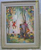 Full view of framed oil painting showing children playing around and on a tree with a swing.