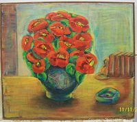 Full view of oil painting showing red flowers in blue vase on table, signed by R. Mertlich.