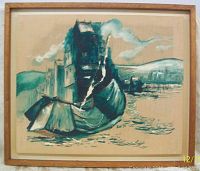 Framed oil on canvas painting featuring boats and coastal buildings in muted tones.