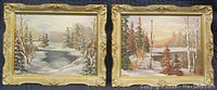 Pair of framed oil on board paintings showing winter landscape scenes with snow, water, trees, and a cabin in one painting.
