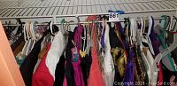 Full view of hanging women's evening dresses and formal clothing in various colors and fabrics in a closet.