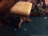 Full view of vintage velvet organ stool showing tan cushion and wooden base