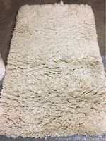 Photo of cream colored shaggy wool area rug lying flat on floor, showing texture and color