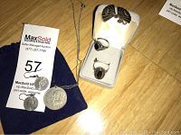 Sterling silver black onyx rings, two coin pendants on chains, and butterfly earrings displayed on wood floor with MaxSold tag.