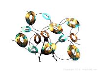 Front view of the abstract metal wall sculpture showing the interconnected circular rings in multiple colors and metal wire structure.