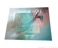 Full view of large abstract oil painting by Lee Reynolds with teal, silver, pink, and bright color accents.