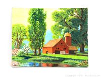 Front view of the oil painting showing the red barn, silo, trees and pond with signature Yoko A in bottom left corner.