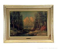 Frontal view of framed print 'Majestic Peaks' by Robert Wood depicting mountain landscape with trees and river.