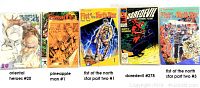 Photo showing front covers of five vintage comic books in a row on a white surface labeled by title and issue.