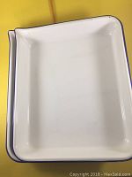 Top view showing two stacked white enamel butcher trays with blue edges and smooth surfaces.
