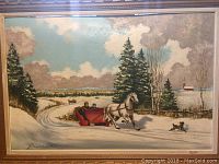 Full view of the oil painting depicting winter scene with horse and sleigh, trees, and dog.