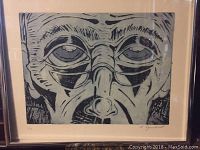 Close-up image of the signed and numbered print featuring a stylized elderly face with wrinkles and deep eyes, showing signature and numbering details.