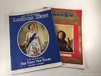 Two vintage Illustrated London News magazines, one with Queen Elizabeth on blue cover titled 'The First Ten Years 1963', the other a Christmas 1964 edition with red cover and festive illustration.