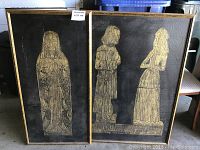 Two framed brass rubbings depicting historical figures in period dress from Westminster Abbey floor memorials.