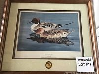 Framed art print showing two ducks on calm water with reflection, titled 'Morning Reflections' by Vicky Hipsley.