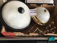 Two round ceiling lights and assorted brass hardware in box