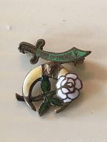 Front view of the enamel pin showing the sword banner with text, white rose, and crescent moon shapes.