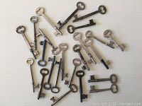 23 antique skeleton keys with varying shapes, sizes, and patinas arranged on a white background