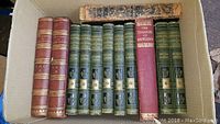 Photo of 12 antique and vintage books in a box showing spines with titles and bindings, including green Cassells Encyclopedia volumes and others.