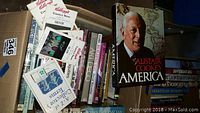 Box containing assorted books about antiques including Alistair Cooke's America, A to Z Collectors Terms, Country Store Collectibles Silver Guide