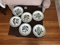 Six decorative plates arranged on a table, each with botanical and insect art and a green foliage rim.