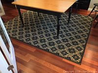 Full view of rectangular area rug under table on hardwood floor showing pattern and color scheme in blue, black, beige, and green.