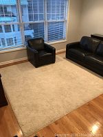View of beige 9x12 nylon blend rug in living room setting with black leather chair and sofa nearby