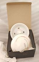 Porcelain hand juicer consisting of a conical reamer and a base plate with holes for seed straining. The juicer is white with a delicate floral decoration. Packaged in an open brown cardboard box, shown from the top view.