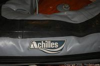 Close-up of Achilles logo on grey inflatable tube